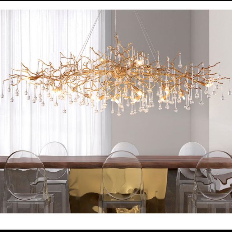 Lorna Clear Teardrop Oval Dining Branch Chandelier, Brass Branch Chandelier